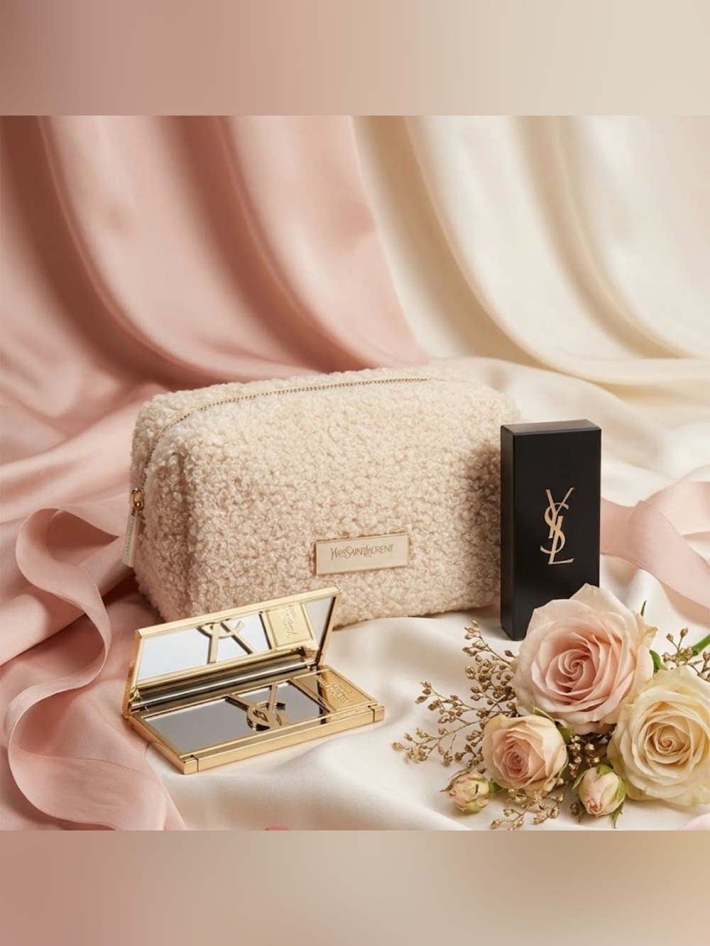 Yves Saint Laurent Cream Bouclé Cosmetic Pouch with Gold YSL Compact Mirror